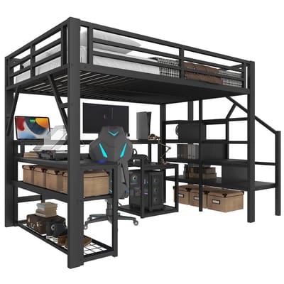 REDOM Hoogslaper met Bureau 140 x 200 cm – Trap met Opbergruimte – USB & LED-verlichting – Metaal & MDF – Zwart