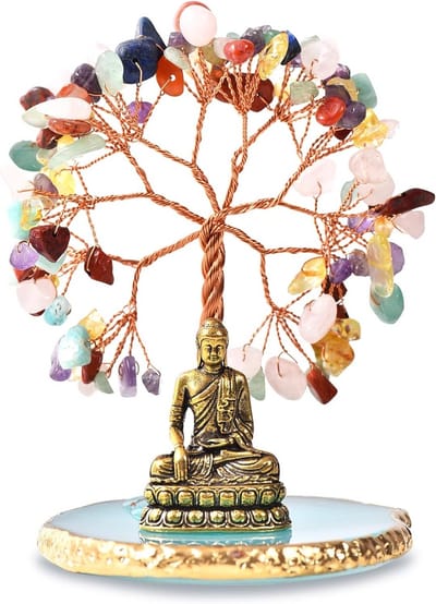Boeddhabeeld Kristalboom - Levensboom Energie - Meditatie Yoga - Handgemaakt Edelsteen - 9x10cm - Brons