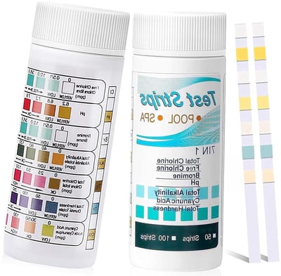 Complete 7-in-1 zwembadwaterteststrips, 100 stuks, snelle testen voor chloor, pH-waarde, alkaliniteit en bromide in uw zwembadwater