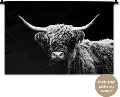 Wandkleed - Wanddoek - Schotse Hooglander - Koe - Zwart - Wit - Dieren - 90x60 cm - Wandtapijt