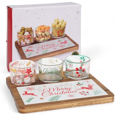 Allecto - Serveerset Kerstmis - Tapas Schalen - Houten Plank - Vaatwasserbestendig - Glazen Schalen - Perfect voor Feestdagen - Meerkleurig