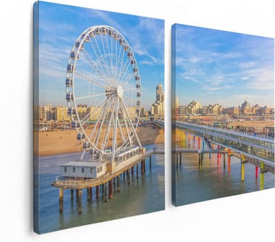 Artaza Canvas Schilderij Tweeluik Scheveningen Pier met de Ferris Wheel - Reuzenrad - 120x80 - Foto Op Canvas - Canvas Print