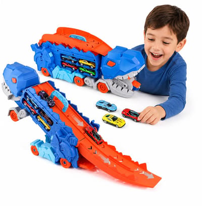 BOTC Dinosaurus Vrachtwagen met Racebaan - 4-in-1 T-Rex Transporttruck - Dubbele Autobaan met 12 Metalen Raceauto’s - Speelgoed vanaf 3 Jaar - Blauw