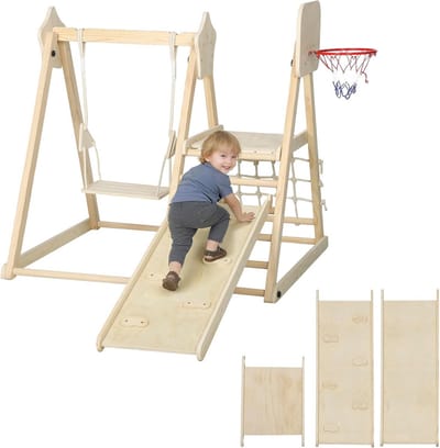 Houten Montessori Klimdriehoek 5-in-1 met Glijbaan, Schommel en Klimnet