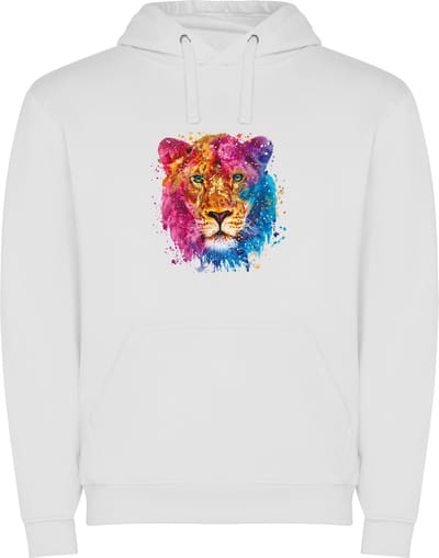 Witte unisex hoodie met “ Kleurrijke Sterrenbeeld Leeuw – Astrologie – Horoscoop – Zodiac Signs “ Print Full Color Color merk Roly maat S