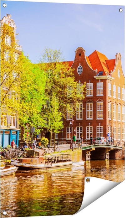 Gards Tuinposter Amsterdamse Gracht tijdens Zonsondergang - 60x90 cm - Tuindoek - Tuindecoratie - Wanddecoratie buiten - Tuinschilderij