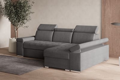 Hoekbank L met slaapfunctie, verstelbare hoofdsteunen & bedlade – Moderne slaapbank met opbergruimte – Hoekbank Luka L – Grijs (Twist 20) – Rechts