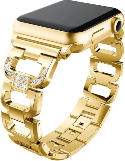 Stravo Roestvrij Stalen Diamanten Bandje - Geschikt voor Apple Watch 42mm (Series 11/10), 41mm (Series 9/8/7), 40mm (Series 6/5/4, SE 3/2/1), 38mm (Series 3/2/1) - D-vormige Dames Chic Diamond Jewelry Metalen bandje - Goud