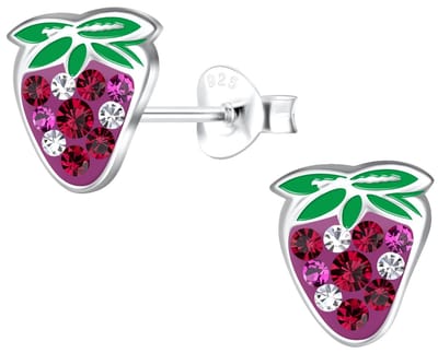 Joy|S - Zilveren aardbei oorbellen - 7 x 9 mm - paars rood - kristal - kinderoorbellen