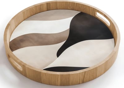 Dienblad rond 40x40 cm - Schootdienblad hout - Golven - Abstract - Beige - Borrelplank rechthoek - Plateau houten dienbladen