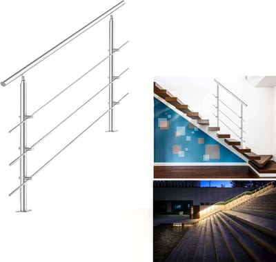Trapleuning - Roestvrij Stalen - 150cm - 3 Dwarsbalken - leuning voor binnen en buiten - In Hoek Verstelbaar Trapleuningen - met Kogelring en 2 Palen - voor Trap Balkon Terras Borstwering - Ø 42 mm
