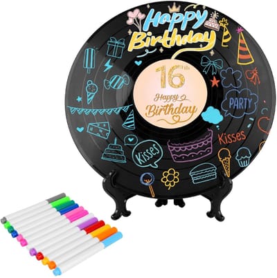 JHUBERS- Vinylplaat Gastenboek 30x30cm - Gastenboek Verjaardag - Alternatief met Pen - Kleurrijk - Inclusief Beugel - 12 Kleurige Pennen