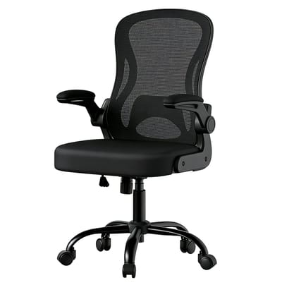 Bureaustoel Computerstoel Ergonomisch ontwerp Met lendensteun, kantelfunctie en opklapbare armleuningen Ademend gaas met comfortabele zitting Stevige en duurzame metalen voet Geschikt voor studeerkamer en kantoor 60 x 60 x (95.5-105.5) cm Zwart