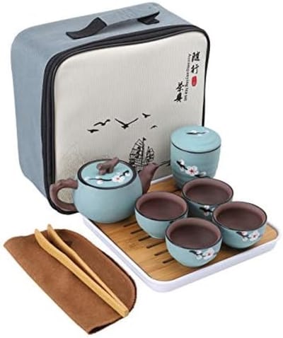 PromoHome Draagbare Theeset met Reistas - Handgemaakt Keramisch Servies