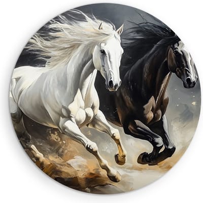 Saammp Muurcirkel Hout - 2 Paarden - Abstract - Galop - Dieren - Natuur - Ø 90 - Wandcirkel - Wanddecoratie Cirkel - muurdecoratie Woonkamer - Slaapkamer decoratie - Rond Schilderij