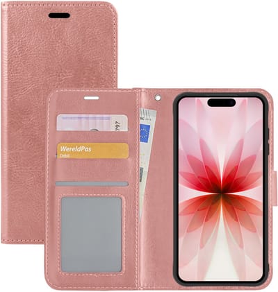 Hoesje - Met Pasjeshouder - Geschikt voor Apple iPhone 17 - Luxe Bookcase Portemonee - Flip Case - Kunstleer Book Case - Flipcase - Book Cover - Walletcase - Portemonneehoes - Rosé goud