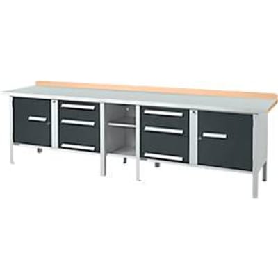 Werkbank in kastuitvoering Schäfer Shop Select PWi 300-2, ESD, beuken multiplexplaat, met stalen deksel, tot 750 kg, B 3000 x D 700 x H 840 mm, antraciet/aluminium