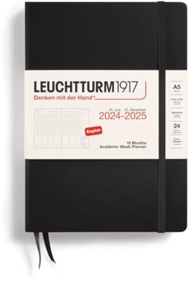 Academische Weekplanner Medium A5 2025 - 18 Maanden - Hardcover - Zwart - Engels