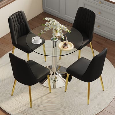 MODENUIT Eettafelset 85 cm - Ronde Glazen Tafel met 4 Stoelen - Voor Eetkamer en Keuken - Glas en Metaal - Zwart