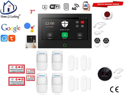 Draadloos / bedraad alarmsysteem met 7-inch touchscreen voor woning/camper/boot/caravan werkt met wifi en sim kaart en met spraakgestuurde apps. (Nederlands of Frans stem en tekst). ST01B-24