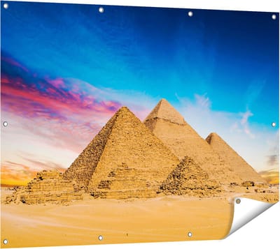 Gards Tuinposter Egyptische Piramides bij Zonsondergang - 120x90 cm - Tuindoek - Tuindecoratie - Wanddecoratie buiten - Tuinschilderij