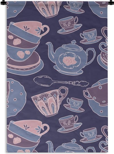 Wandkleed - Wanddoek - Patroon - Thee - Kop - Theepot - 60x90 cm - Wandtapijt