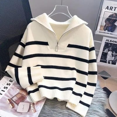 Casual Trui Vrouwen Rits Coltrui Gestreepte Pull Femme Thicked Casual Sueter 2022 Ropa Mujer Gebreid Oversized Vest Jas One Size wit