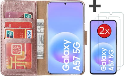Hoesje met 2 Stuks Screenprotectors Geschikt voor Samsung Galaxy A57 – Arara bookcase met pasjeshouder - Rosegoud