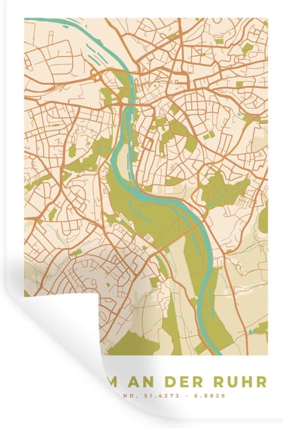 Muurstickers - Sticker Folie - Vintage - Mülheim an der Ruhr - Kaart - Plattegrond - Stadskaart - 20x30 cm - Plakfolie - Muurstickers Kinderkamer - Zelfklevend Behang - Zelfklevend behangpapier - Stickerfolie