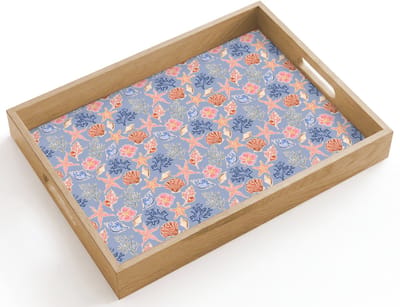 Dienblad hout 40x30 cm - Schootdienblad - Kust - Zee - Blauw - Roze - Borrelplank rechthoek - Plateau dienbladen