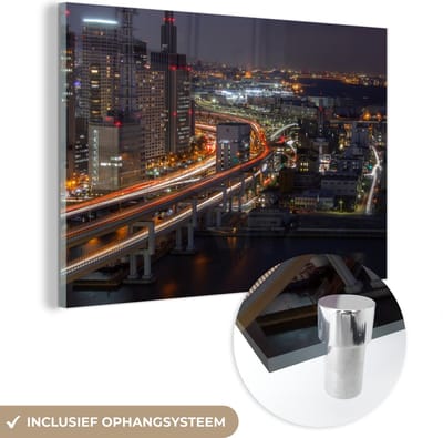 ® Glasschilderij 180x120 cm - Schilderij acrylglas - Avondfoto van de verlichte straten van stad van Kobe in Japan - Foto op glas - Muurdecoratie woonkamer - Wanddecoratie slaapkamer - Schilderijen