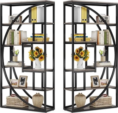 TRIBESIGNS - Set van 2 Boekenkast - Boekenrek met 5 Planken - Industrieel Vintage - Geometrisch Ontwerp - Grijs/Zwart - 80 x 30 x 180 cm