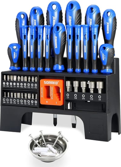 Magnetische schroevendraaierset in rek 44-delig inclusief magnetische bithandgreep, standaard schroevendraaier, precisieschroevendraaier, dopsleutel, professioneel reparatiegereedschap voor verbeteraars