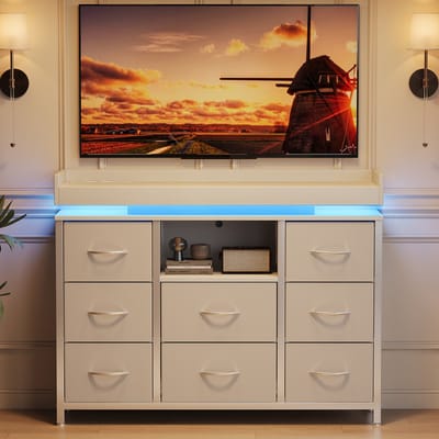 Ladekast met 8 Lades – Vintage Dressoir met Stoffen Lades, RGB LED Verlichting & Stopcontacten – 108x82x30 cm