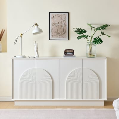 FloraGrace Dressoir - Witte Opbergkast Met 4 Deuren En Gebogen Fronten - Voor Woonkamer En Eetkamer - MDF - 160x38x80 Cm - Wit
