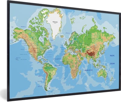 Poster in lijst - Fotolijst 90x60 cm - Posters - Wereldkaart - Topografie - Atlas - Kids - Jongetje - Meisjes - Posterlijst zwart - Decoratie - Wanddecoratie woonkamer - Muurdecoratie slaapkamer