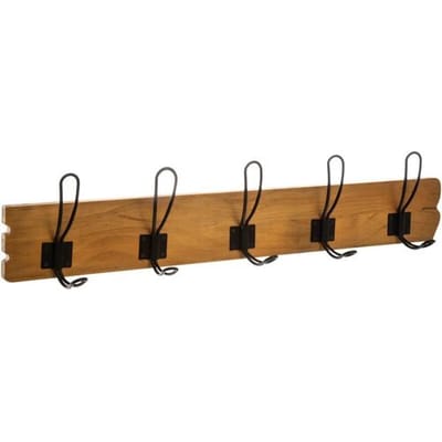 5Five Kapstok rek wand/muur - lichtbruin - 5 zwarte ophanghaken/10 knoppen - dennenhout/metaal - B64 x H14 cm