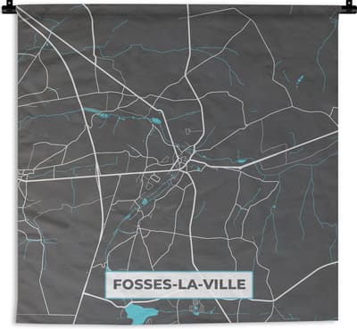 Wandkleed - Wanddoek - Plattegrond – Fosses la Ville – Blauw – Stadskaart - Kaart - 180x180 cm - Wandtapijt