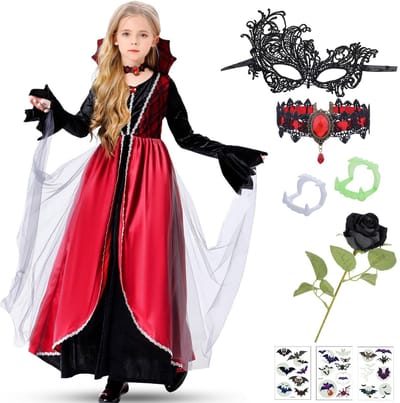 Dailygoods- Vampierkostuum Kinderen - Inclusief Jurk/Halsketting/Tanden/Oogmasker - Halloween/Verkleedkostuum - 2 Maten - Geschikt voor Themafeesten