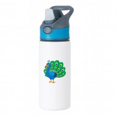Hacebo® - Pauw waterfles met rietje blauw - Vogels - Dieren liefhebbers - Kinderboerderij - veren - water fles - 650ML