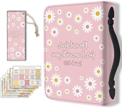Roze bijbelhoes voor dames met madeliefjes, kunstleer, bladwijzer en ritssluiting, perfect als christelijk cadeau voor de kerk en bijbelstudie