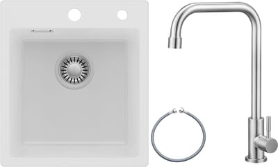 Auralum max Spoelbak voor keuken 40x45CM - Graniet Spoelbakken Met Koudwaterkraan - Enkele spoelbak Wit - Met waterafvoersysteem - Voor 40 cm kast