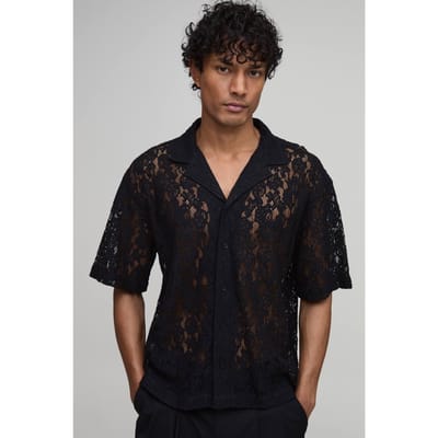 Oversized Boxy Revere Overhemd Met Korte Mouwen En Kant | Black | Size XL