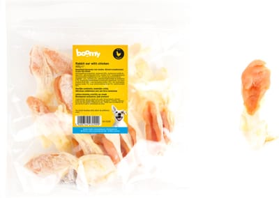Boomy - Konijnenoren met kip – Hypoallergene hondensnacks – Gedroogde hondensnoepjes met hoog vleesgehalte – 400g