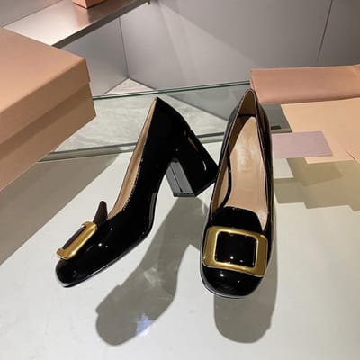 Mary Jane Enkelschoenen met Dikke Hak en Vierkante Gesp, Hoge Hak, Vierkante Neus, Laag Uitgesneden, Vintage Lakleer Lefu Schoenen 37 black