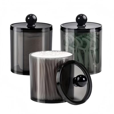 3 wattenpadhouders van PET, ideaal voor wattenstaafjes houder, wattenpads opberging, orde voor cosmetica, make-up, Q-tips, perfect voor badkamer, slaapkamer, kaptafel (zwart, D2)