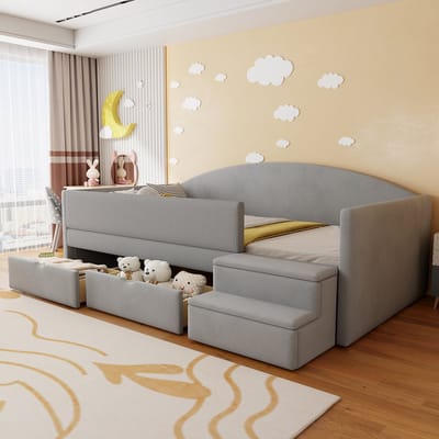 Sweiko Slaapbank - 90 x 190 cm - 2 lades - Met opstapje - Velvet - Kinderbed - Grijs