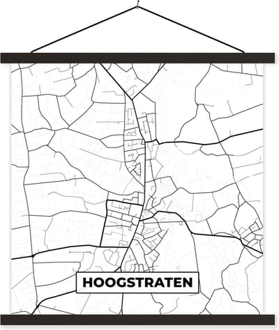 Posterhanger incl. Poster 60x60 cm - Schoolplaat - Zwart Wit – België – Plattegrond – Stadskaart – Kaart – Hoogstraten - Textielposter - Zwarte latten - Stadskaart
