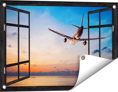 Gards Tuinposter Doorkijk Vliegtuig Boven de Zee bij Zonsondergang - 60x40 cm - Tuindoek - Tuindecoratie - Wanddecoratie buiten - Tuinschilderij