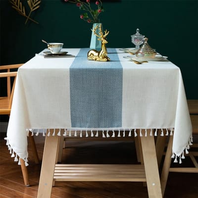 tafelkleed, vlekbestendig, katoen, linnen, wasbaar, met kwastjes, elegante stijl voor keukendecoratie, buffet (140 x 180 cm)